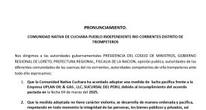 COMUNIDAD CUCHARA DE RÍO CORRIENTES PROTESTA CONTRA UPLAND