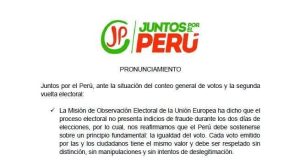 JUNTOS POR EL PERÚ EXIGE RESPETAR RESULTADOS