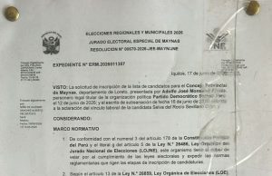 JEE DE MAYNAS OBSERVA INSCRIPCIÓN DE LISTA AL CONCEJO PROVINCIAL